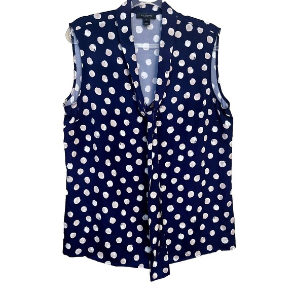 ST JOHN NAVY BLUE POLKA DOT Neck Tie Silk Blend Sleeveless BLOUSE TOP Size 14 - Picture 1 of 10